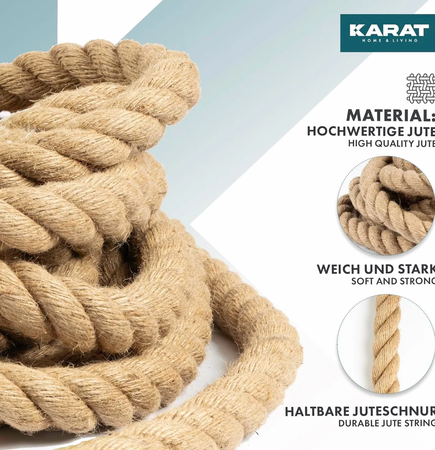 KARAT Juteseil Kletterseil 10m 30mm Dicke Juteschnur, Tau Seil aus 100% Natur Jute extra Starke Juteband Schnur, Kordel Garn für Sport, Garten Dekoration, Bastelarbeiten Kratzbaum
