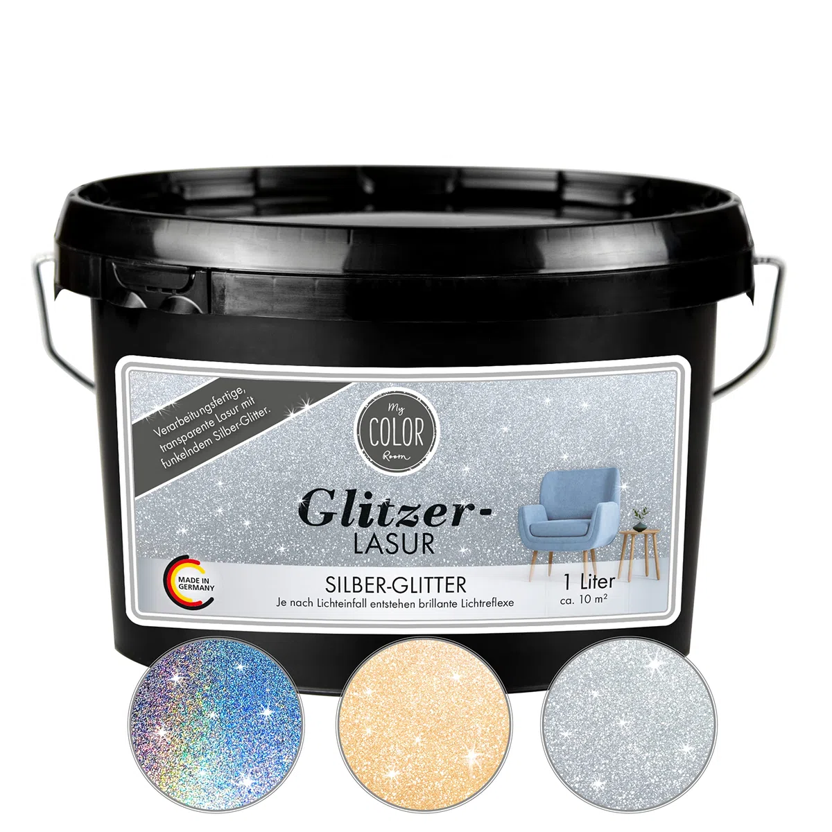 Glitzer-Lasur (1000 ml, Silber) Transparente Wandfarbe für Wandgestaltung Mit Glitzer-Effekt, Innenbereich Dekorationslasur Made in Germany