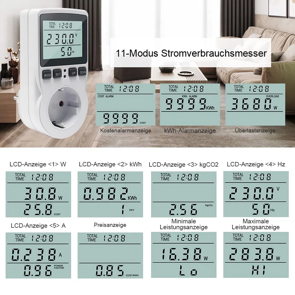 KETOTEK Energiekostenmessgerät, Stromzähler für Steckdose mit 11 Überwachungsmodi 3680W, Strommessgerät mit Überlastsicherung, Stromkostenmessgerät, Leistungsmessgerät Elektrizitäts Analysator LCD