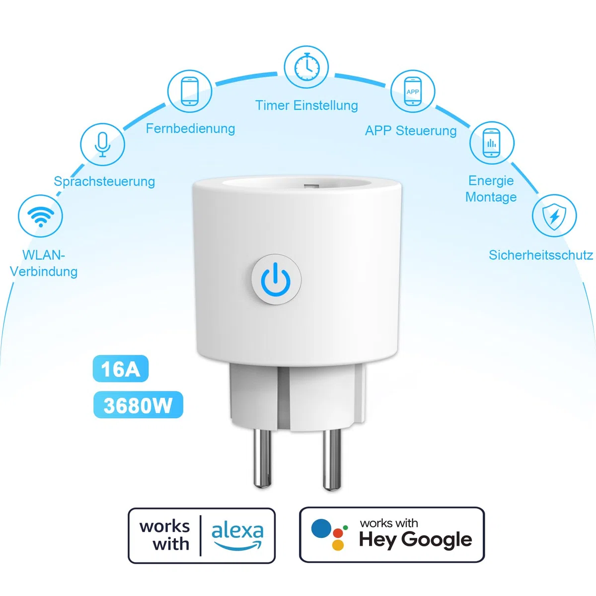 ANTELA WLAN Smart Steckdose mit Strommessung 16A, Smart Home Steckdose kompatibel mit Alexa/Google Home, Stromverbrauch Messen, Sprachsteuerung, APP Fernsteuerung, 2,4GHz, 4 PCs