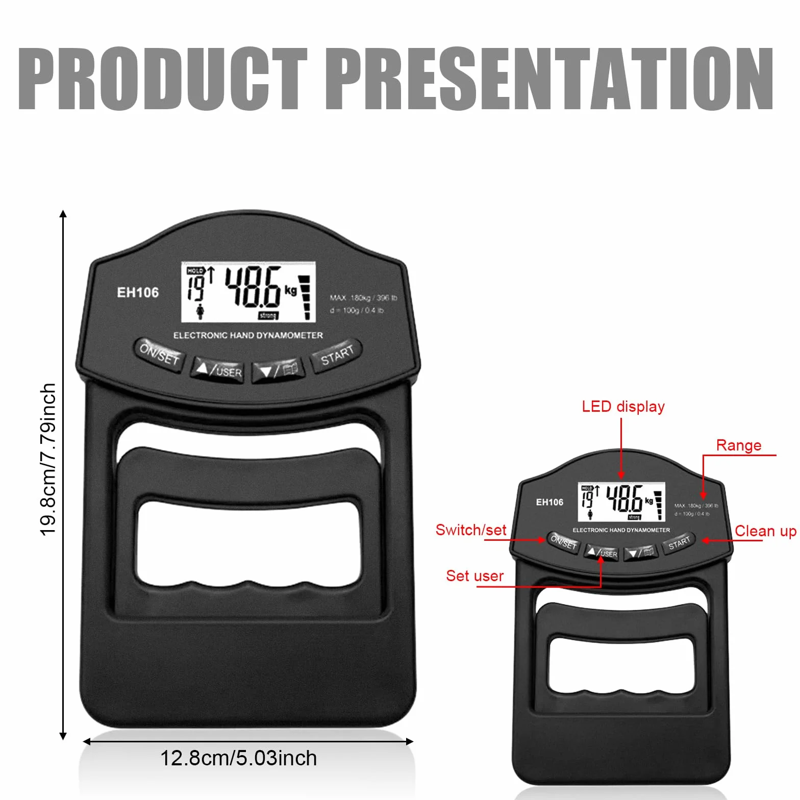 Digitaler Handkraftmessgerät, 396lb/180kg Griffkraft Messgerät Handkraftmessgerät, Einfühlsam Grip Strength Tester, Elektronische Griffkraft Messgerät Großer LED-Bildschirm Mit USB-Ladekabel(Schwarz)