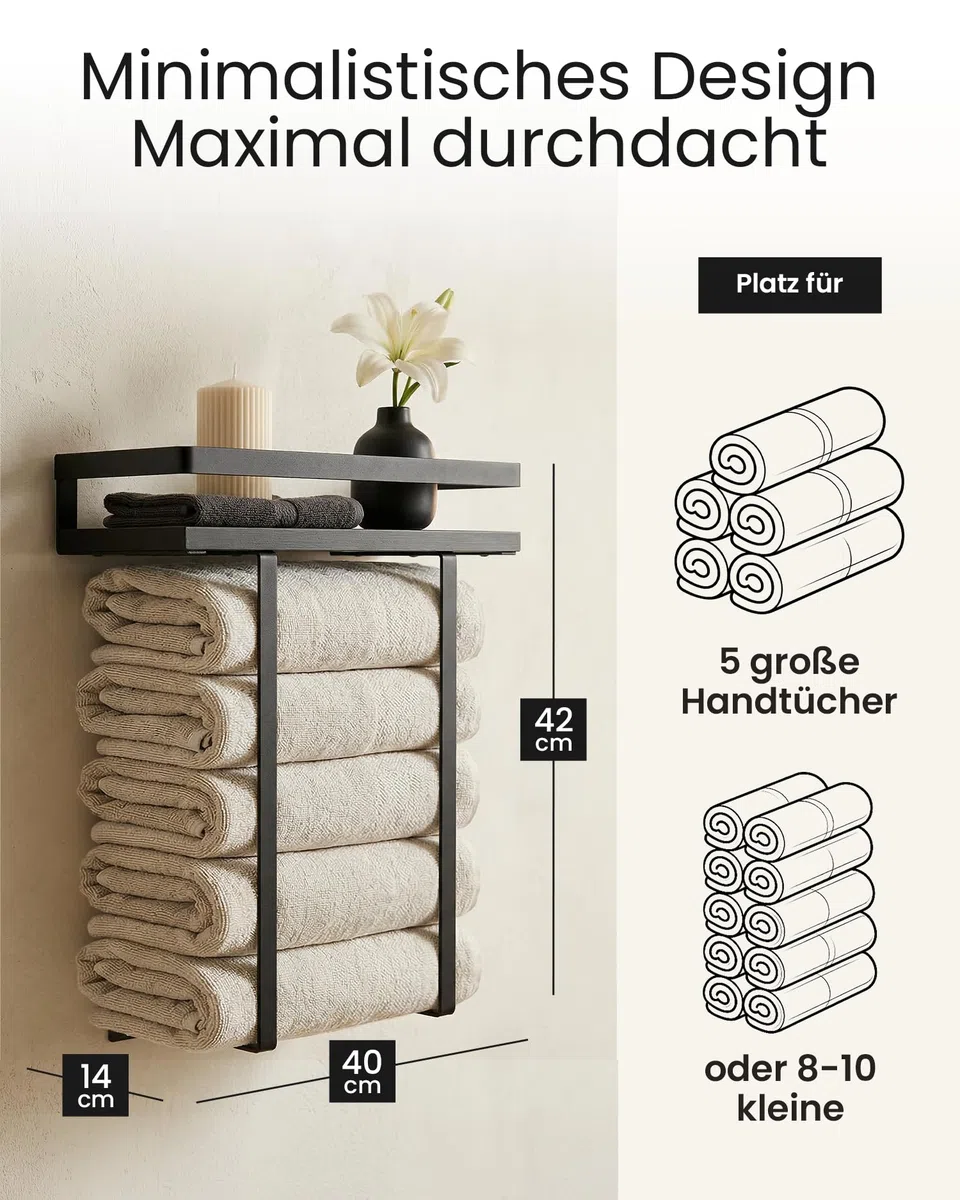 Handtuchhalter Bambus mit schwarzen Metallrahmen, 40x14x42cm, Handtuchregal mit modernem Design, Metall Holz Wandmontage Handtuchhalterung, Badezimmer Zubehör Möbel (Schwarz)