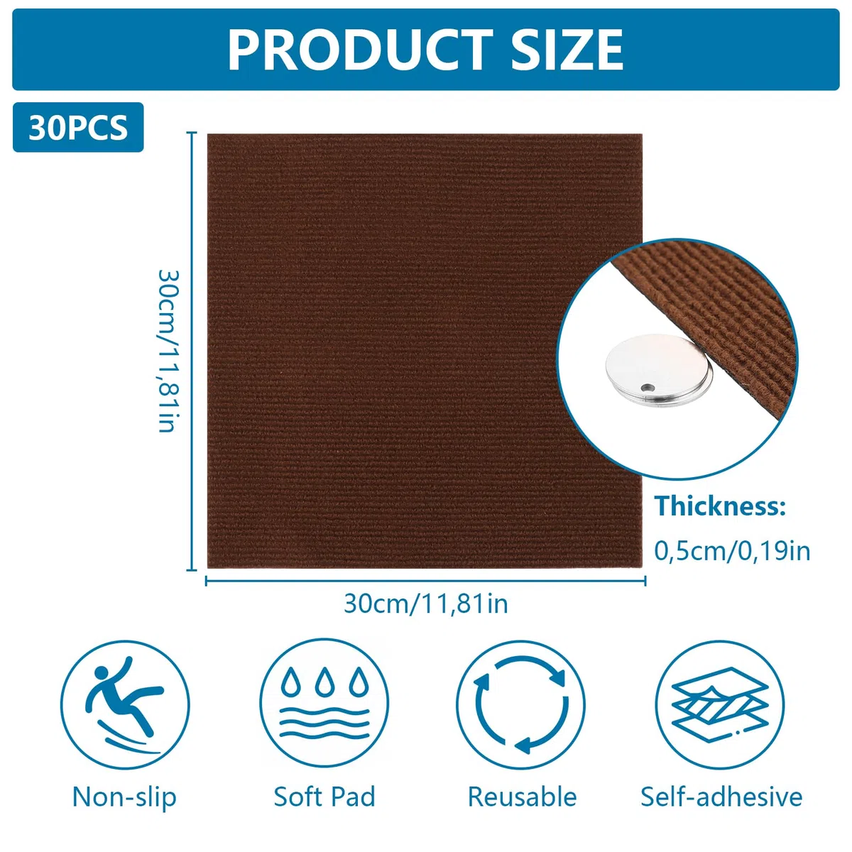30 Stück Teppichfliesen 30x30 cm, Teppichfliesen Selbstklebend, Teppichboden, Teppich Fliesen, Teppichfliesen Selbstliegend für Büro, Wohnzimmer, Balkon (Braun)