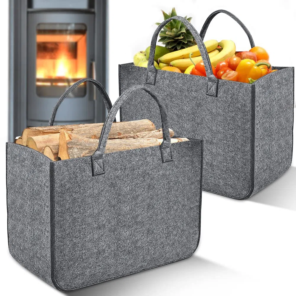 2 Stück Filztasche Kaminholztasche aus Filz Kaminholzkorb Filztaschen Einkaufskorb Brennholzkorb für Filzkorb, Shopper, Holz, Zeitungen, Einkaufstasche, Große Faltbarer Tragbare (Mittelgrau)