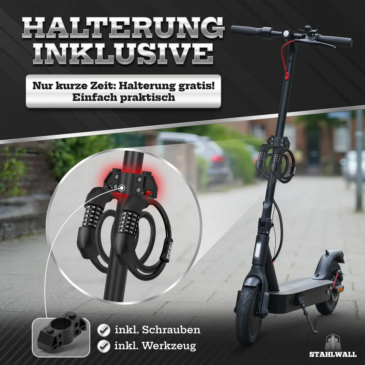 E Scooter Schloss Zahlencode – mit Halterung – robustes Handschellenschloss, E-Roller-Schloss, Zahlenschloss für Roller und Fahrrad