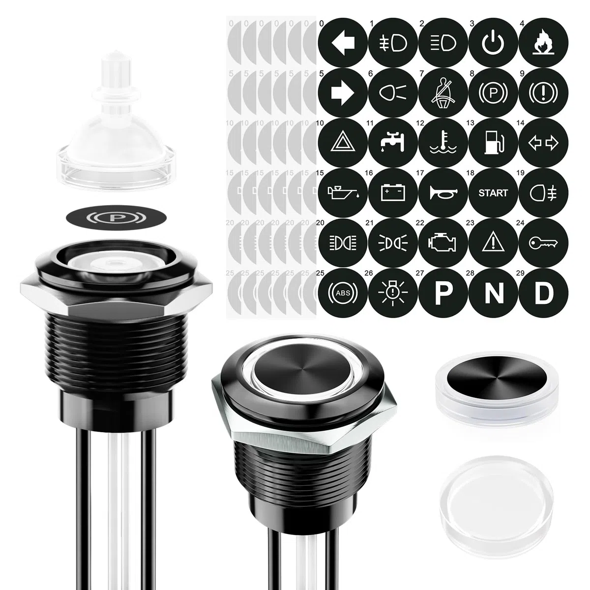 2Stück 22mm LED Taster Metall Druckknopf,Vorverdrahtet 20A 12-24V DC IP67 Leuchttaster Mit 185 Austauschbaren Symbolen 1NO1NC Für Auto,Boot,Industrie（Weiß LED）