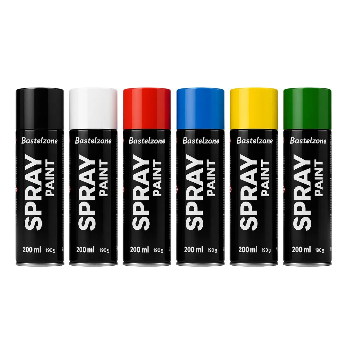 SÜDOR Sprayfarben-Set 6 Farben – 6 x 200 ml Hochglanz Sprühfarbe, Schnelltrocknender Sprühlack für Holz, Metall, Stein, Glas & Wände. Schwarz, Weiß, Blau, Grün, Rot, Gelb