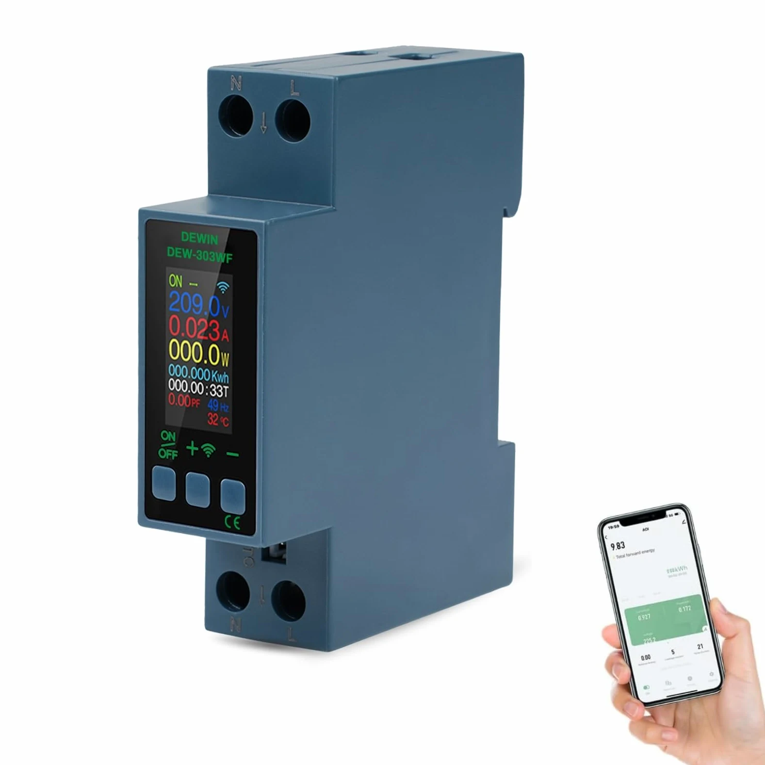 DEWIN Stromzähler Smart Hutschiene WLAN, KWS-303WF 8-in-1 Voltmeter Wattmeter Ausschalter AC Spannung Strom Leistungsmesser Energie Monitor 40A AC 230V