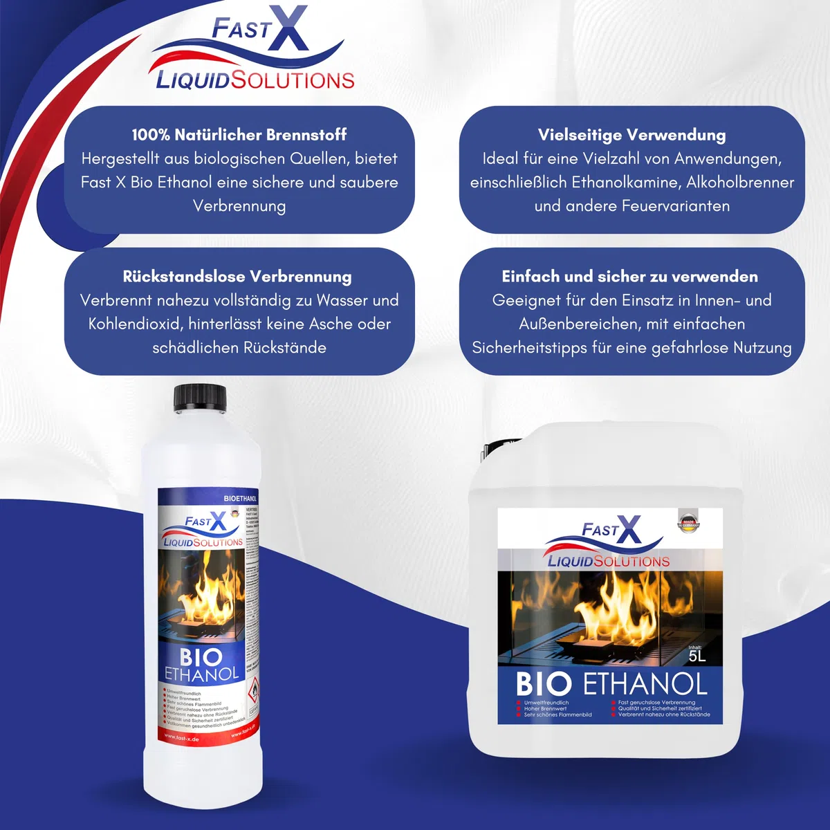 Fast X Bio Ethanol 6x1L - 100% Natürlich, für Ethanolkamine & Alkoholbrenner. Umweltfreundlich & geruchsfrei, sicher für Raum- & Gartenfeuer mit rückstandsloser Verbrennung