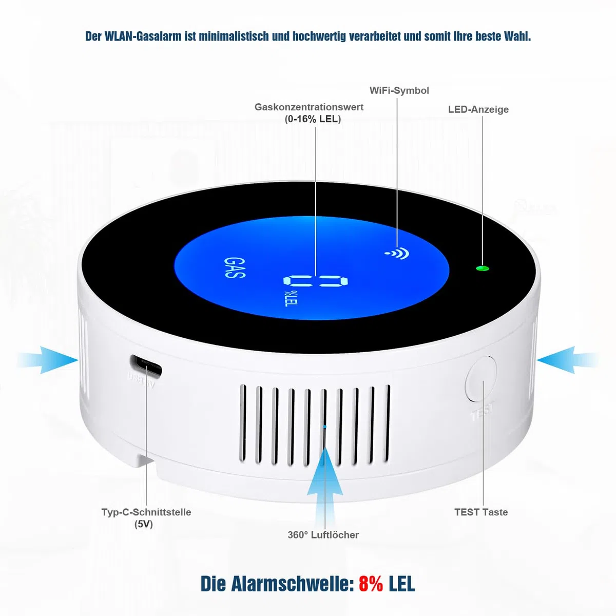 D MODUN WLAN -Gasmelder, tragbarer Gasleckalarm, kompatibel mit Smart-App, Tuya, Gasmonitor für Zuhause, Küche und Wohnmobil, Methangassensor mit 85-dB-Sprachalarm und visuellem Gaskonzentrationsalarm