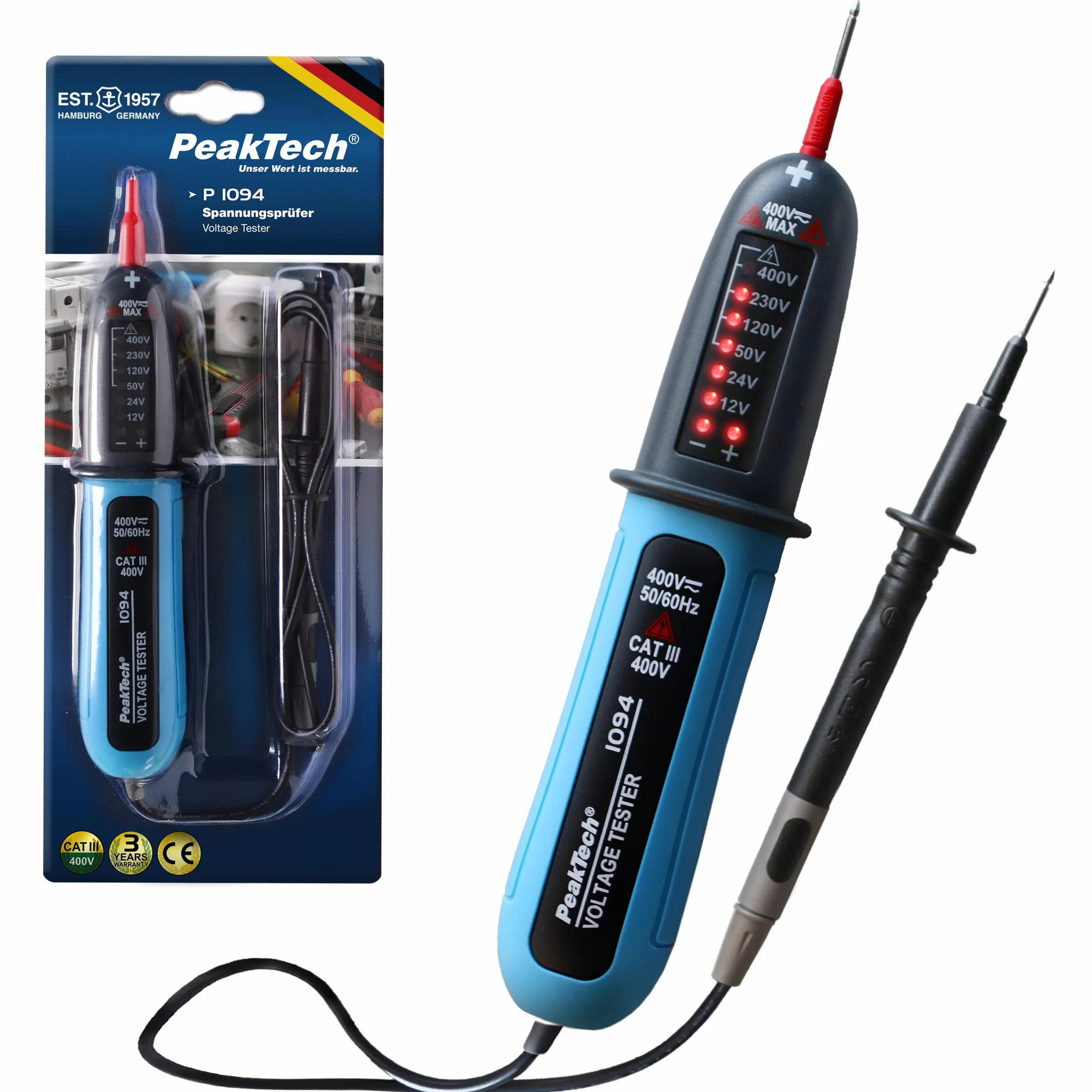 PeakTech 1094 - Spannungsprüfer 2-polig CAT III 400V AC/DC IP54 LED