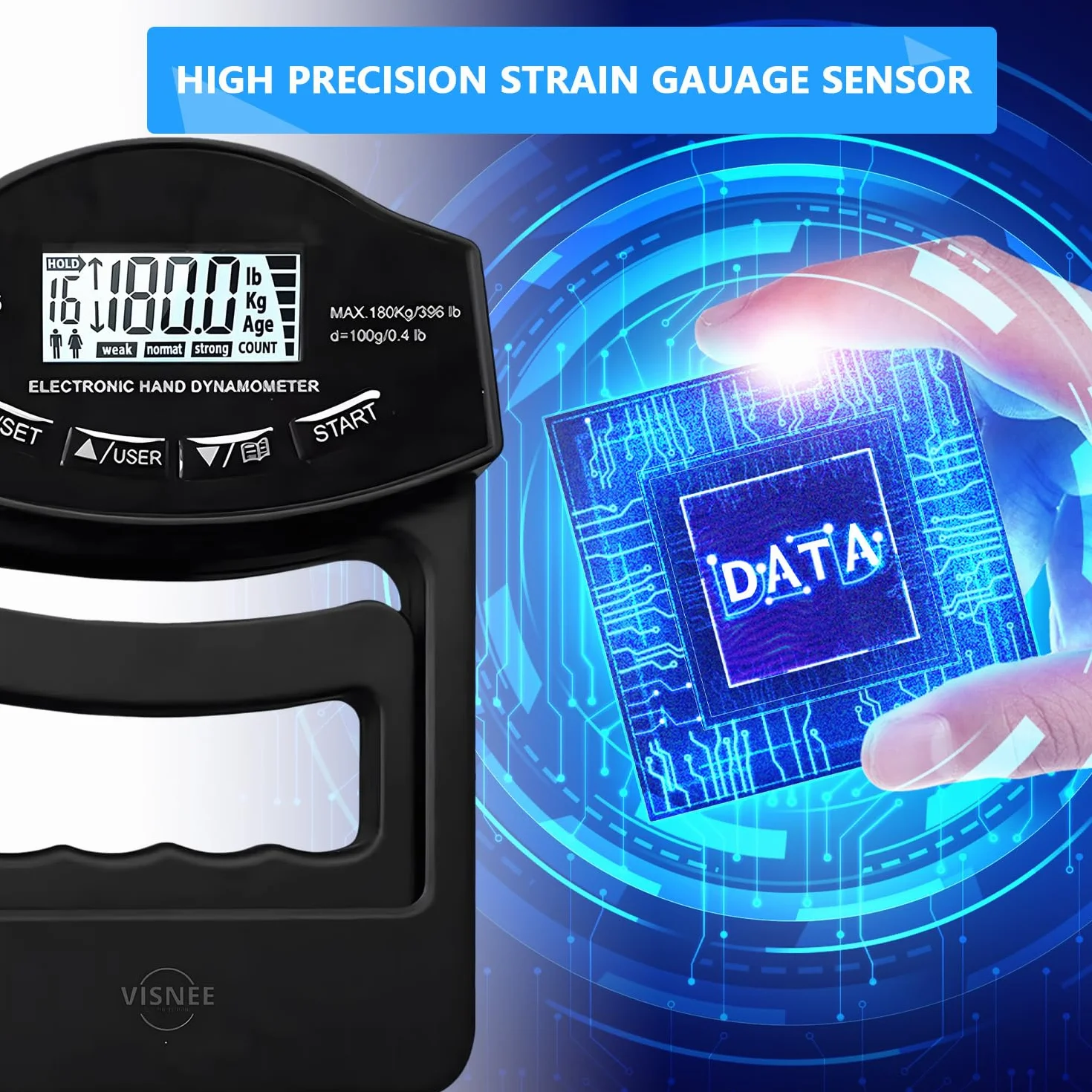 Digitaler Handkraftmessgerät 396lb/180Kg Elektronische Griffkraft Messgerät Großer LED-Bildschirm Hand Dynamometer mit USB-Ladekabel, Intelligent und einfühlsam(Schwarz), WLQ2