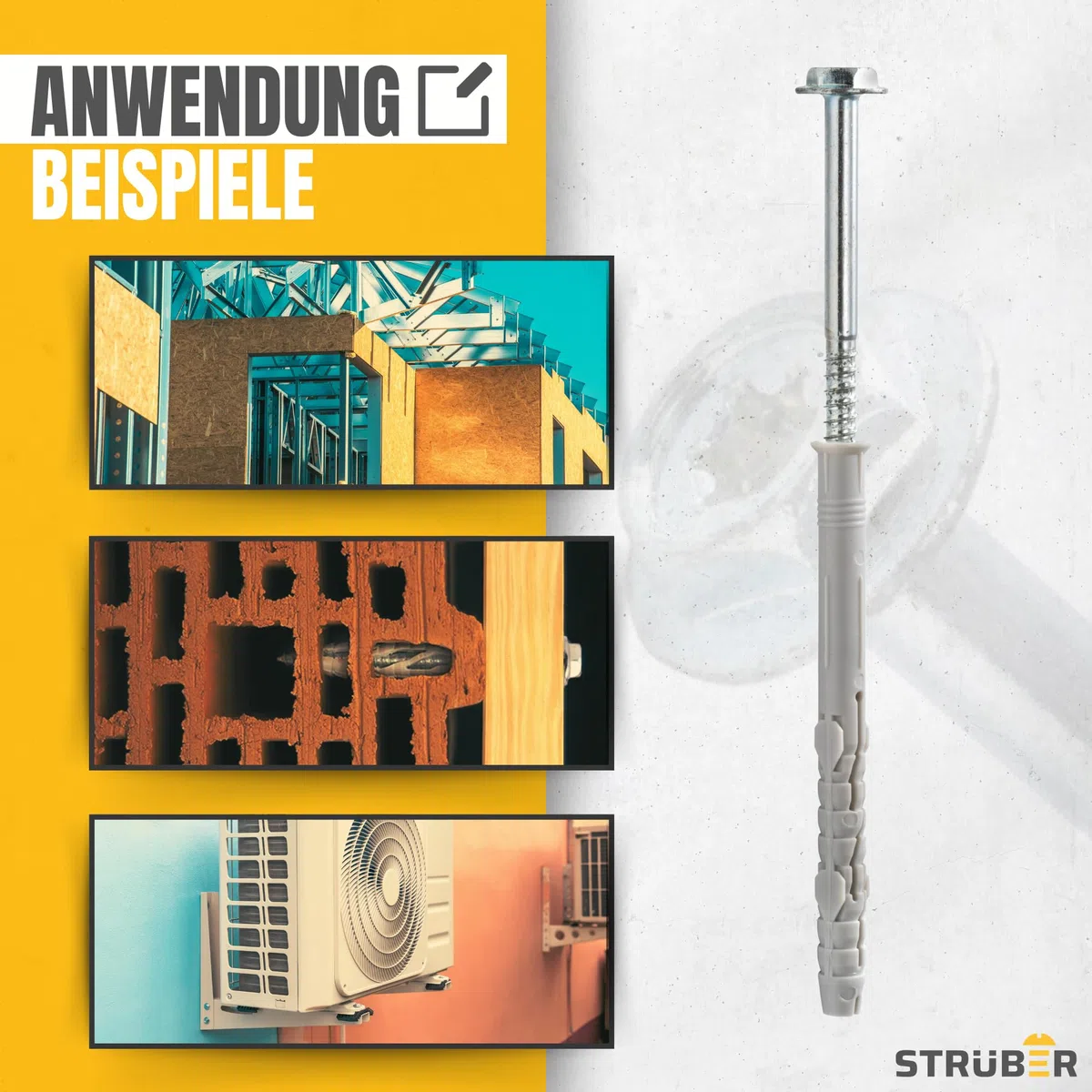 STRÜBER Rahmendübel mit Sechskantschraube & Scheibenkopf mit SW/TX-Buchse (10x160 mm / 50 Stück) Torx - Fensterrahmendübel - Langschaftdübel - Wandrahmenbefestigung - Nylondübel - ETA Zulassung