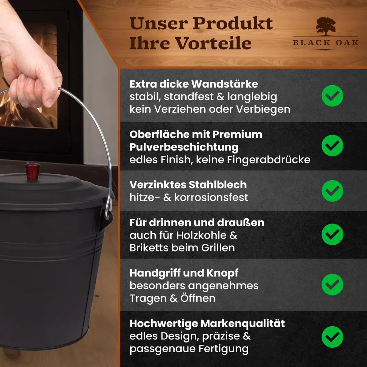 BLACK OAK Ascheeimer KATLA 15L – schwarz Deckel mit Holzknopf - groß 15 Liter - Stahl feuerfest verzinkt & pulverbeschichtet Asche & Kohle Eimer ideales Zubehör für Kamin Kachelofen Holzofen