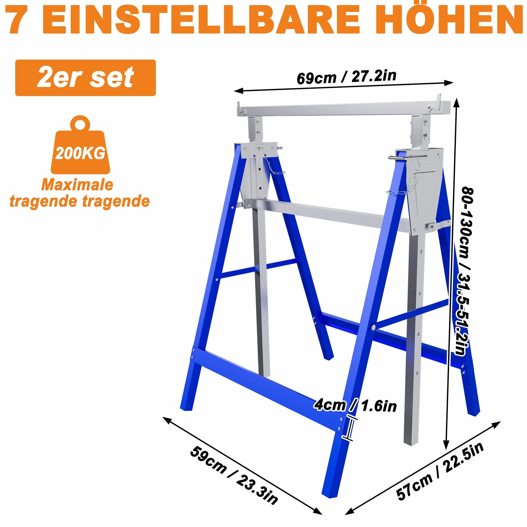 YRHome Höhenverstellbarer Arbeitsbock 2er Set, Stahl Klappbare Unterstellböcke, Tragkraft 150 kg pro Bock, 7 Stufen Verstellung 80-130 cm, Robuste böcke als Gerüstbock für Werkstatt & Baustelle