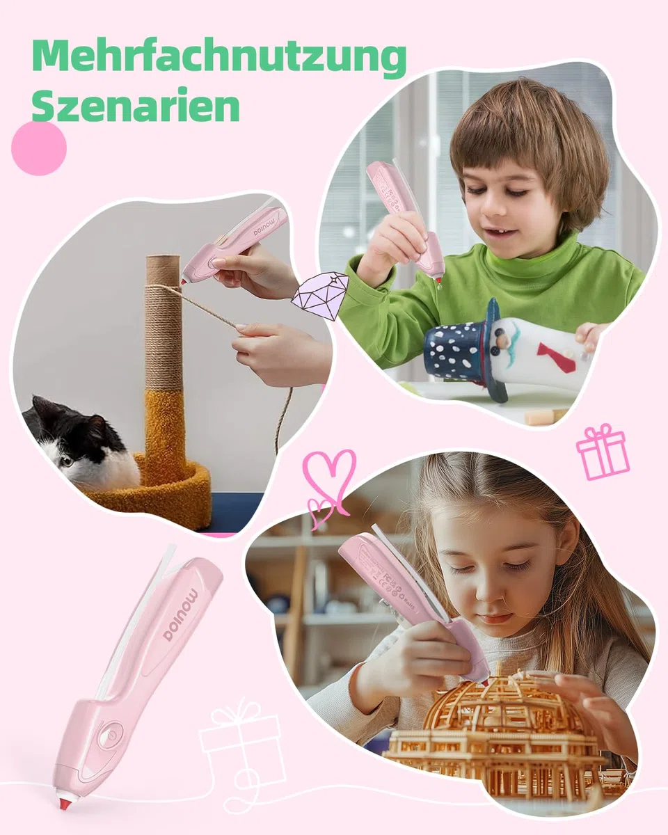Heißklebepistole Akku Kabellos, 6s schnelles Vorheizen, Automatisches Auskleben ohne Tropfen, Heißklebestift mit 30Pcs 185mm farbige Klebesticks (Rosa)