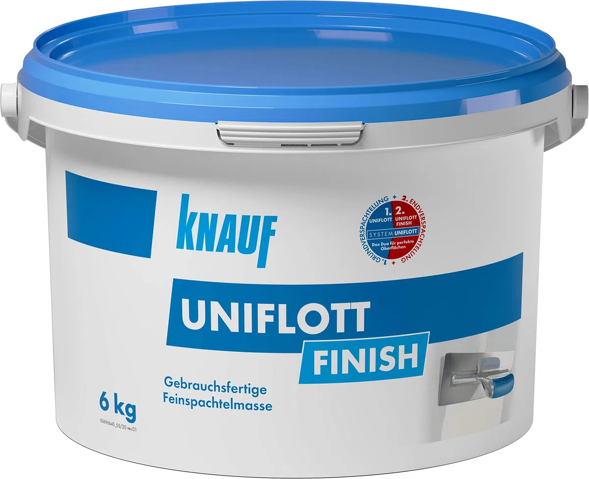 Knauf 696535 Uniflott Finish Gipsspachtel End-Verspachtelung von Gipsplattten-Fugen, 6 kg – Spachtel, Feinspachtel-Masse gebrauchsfertig, weiß