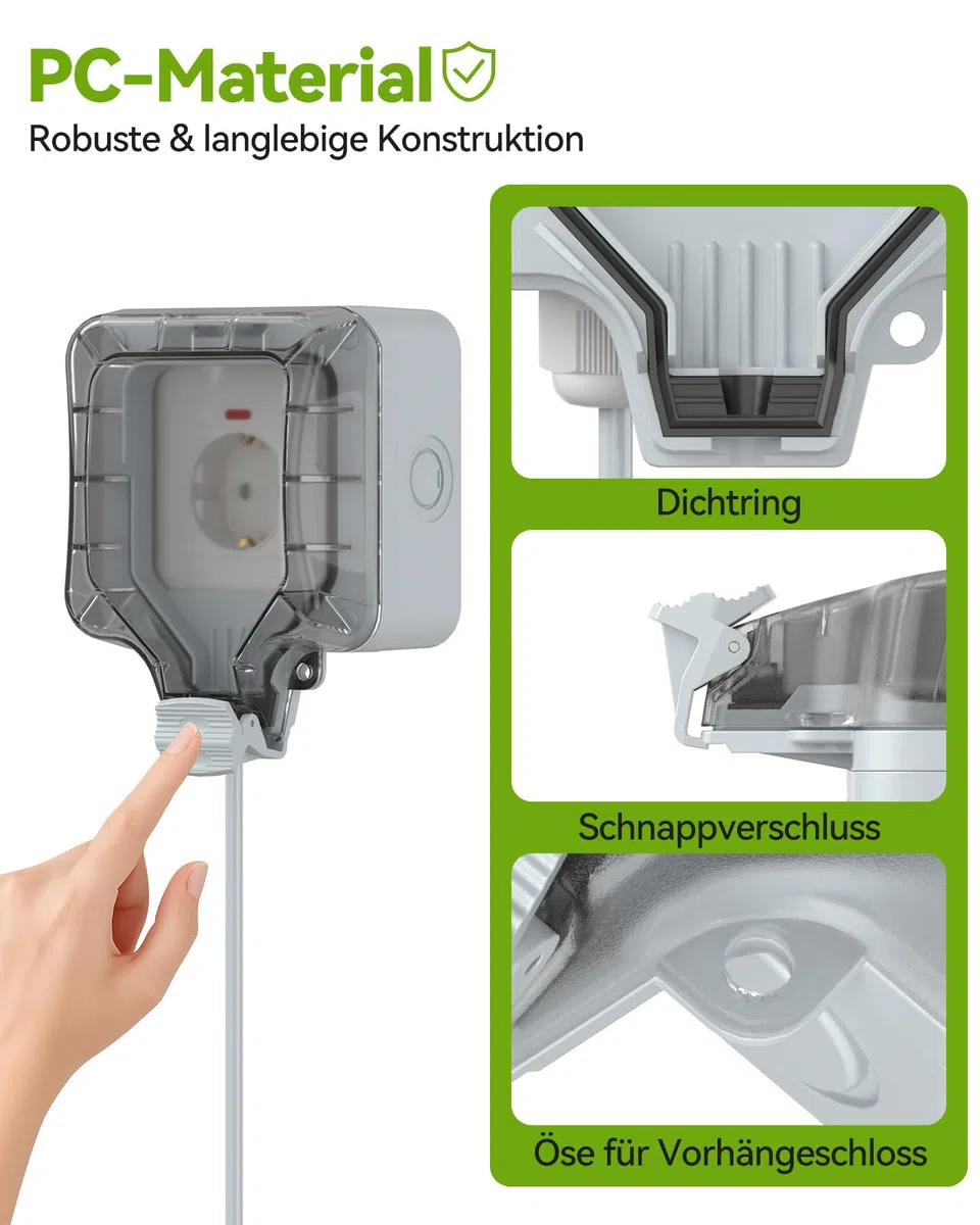 Außensteckdose Wasserdicht IP66 Outdoor Steckdose mit Verlängerungskabel 5M, Schalter mit Kontrollleuchte, Abschließbarer Klappdeckel, Aufputz-Wandmontage für Garten & Außenbereich, Grau, 16A