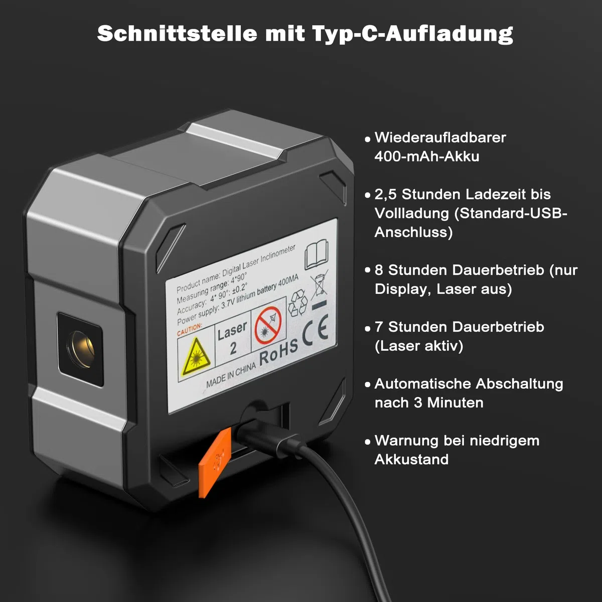 Digitaler Winkelmesser Laser Wasserwaage, Wiederaufladbar mit LED Großdisplay, Vierseitigem Starkem Magnet, Neigungsmesser für Holzarbeiten, Bau und Dekoration