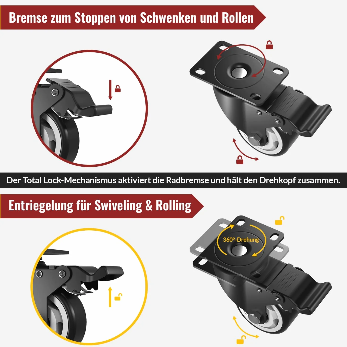 HOLKIE 100 mm Schwerlastrollen bis 600 kg - 4er Set Möbelrollen Schwerlast mit Bremsen - Transportrollen - Rollen für Möbel - Lenkrollen für innen und außen
