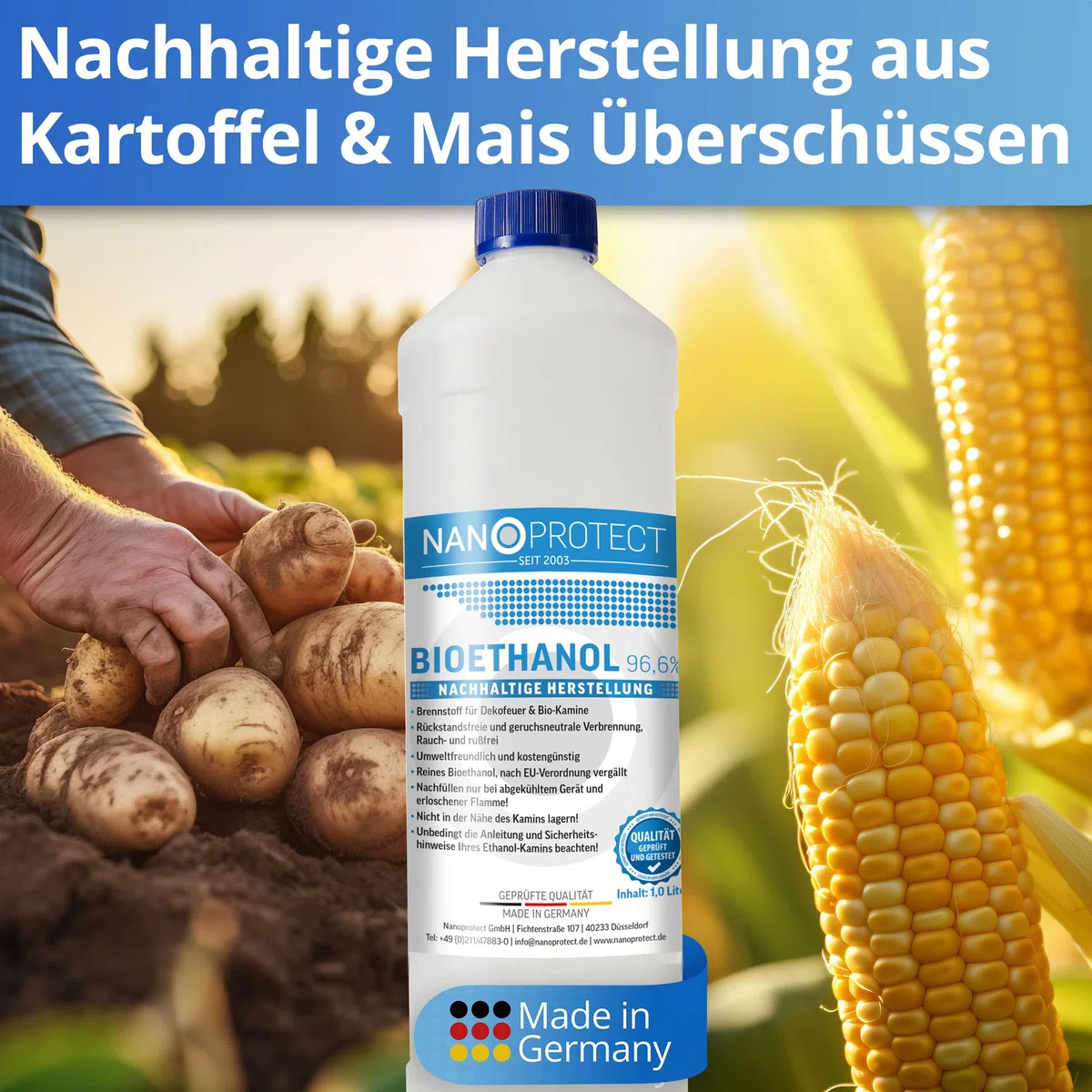 Nanoprotect Bioethanol 96,6% | 6 x 1 Liter | Flüssiger Ethanol Brennstoff für Indoor Kamin und Tischfeuer | Reiner Ethylalkohol als Lösemittel | Geprüfte Premium Qualität