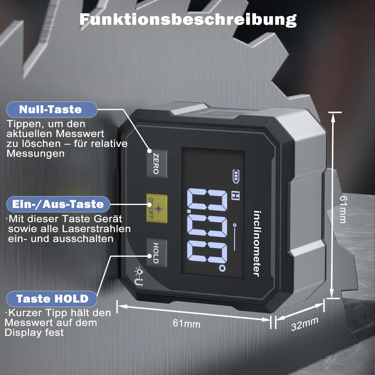 Digitaler Winkelmesser Laser Wasserwaage, Wiederaufladbar mit LED Großdisplay, Vierseitigem Starkem Magnet, Neigungsmesser für Holzarbeiten, Bau und Dekoration