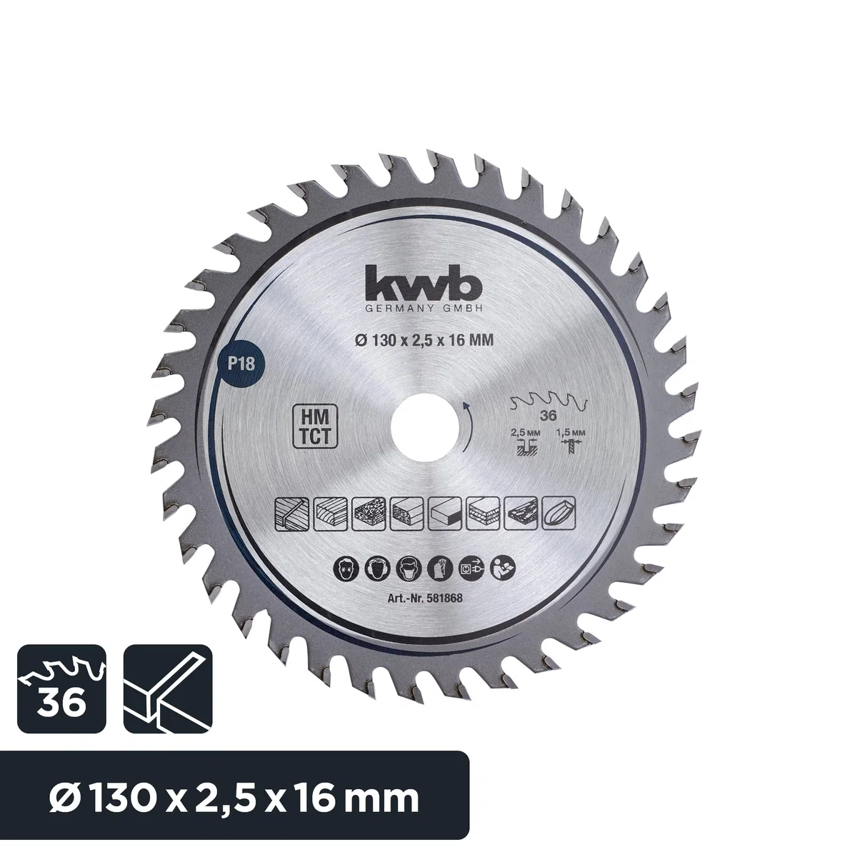 kwb Kreissägeblatt 130 x 16 mm, sehr feiner Schnitt, Sägeblatt geeignet für Arbeitsplatten, Holz und beschichtete Platten