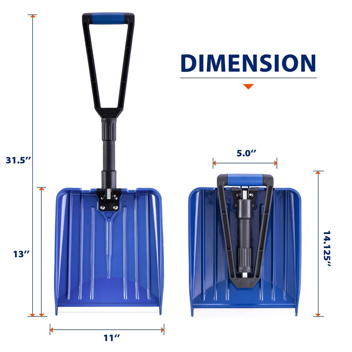 ORIENTOOLS Schneeschaufel,Schwere Faltbare Schneeschaufel,Schneeschaufel Auto mit zusammenklappendem D-Griff (blau, Länge: 14-31,5 '', Klinge: 13 '' x 11 '')