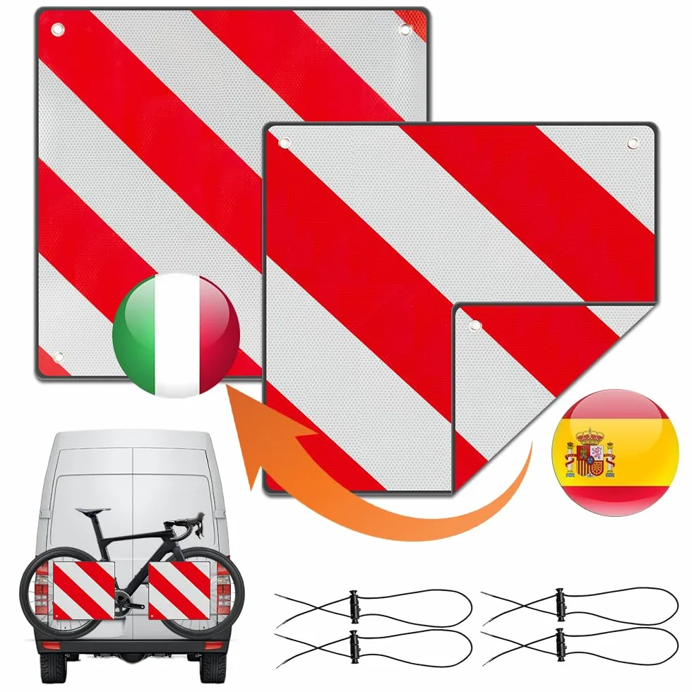 NAVESO 2in1 Warntafel Italien und Spanien, 50 x 50 cm Warntafel Fahrradträger aus Aluminium mit 4 Spannseile, Warnschild Italien Fahrradträger für Wohnmobil, Fahrradträger, Wohnwagen, Heckträger