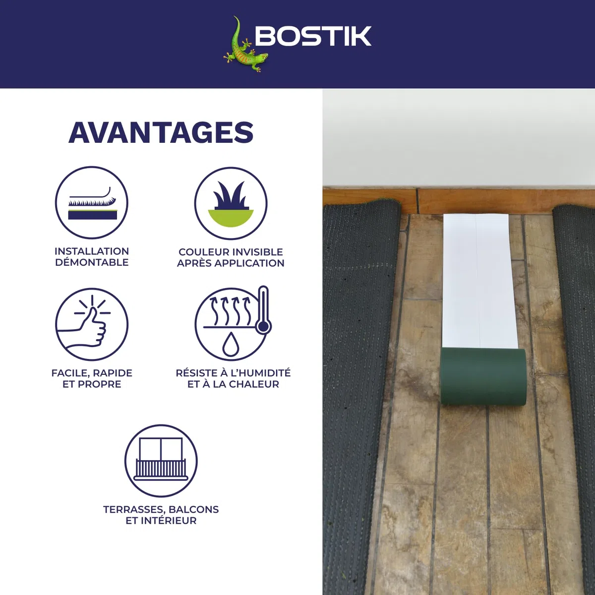 Bostik, Klebeband zur Installation von Kunstrasen, doppelseitig, innen und außen, abnehmbare und diskrete Installation, Deco Green, Grün, 15 m x 5 m Rolle