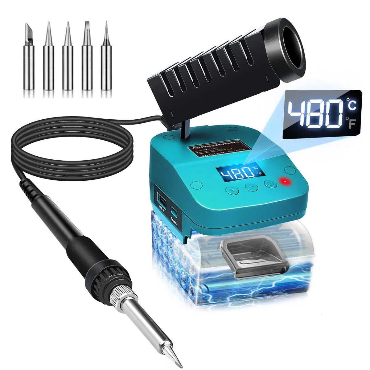 Kabelloser Lötkolben für Makita 18V Akku,schnelles Aufheizen,Elektrische Digitale LCD-Lötstation mit USB- und Typ-C-Ladeanschlüssen,Tragbares Verstellbares Lötkolben-Set für Heimwerker