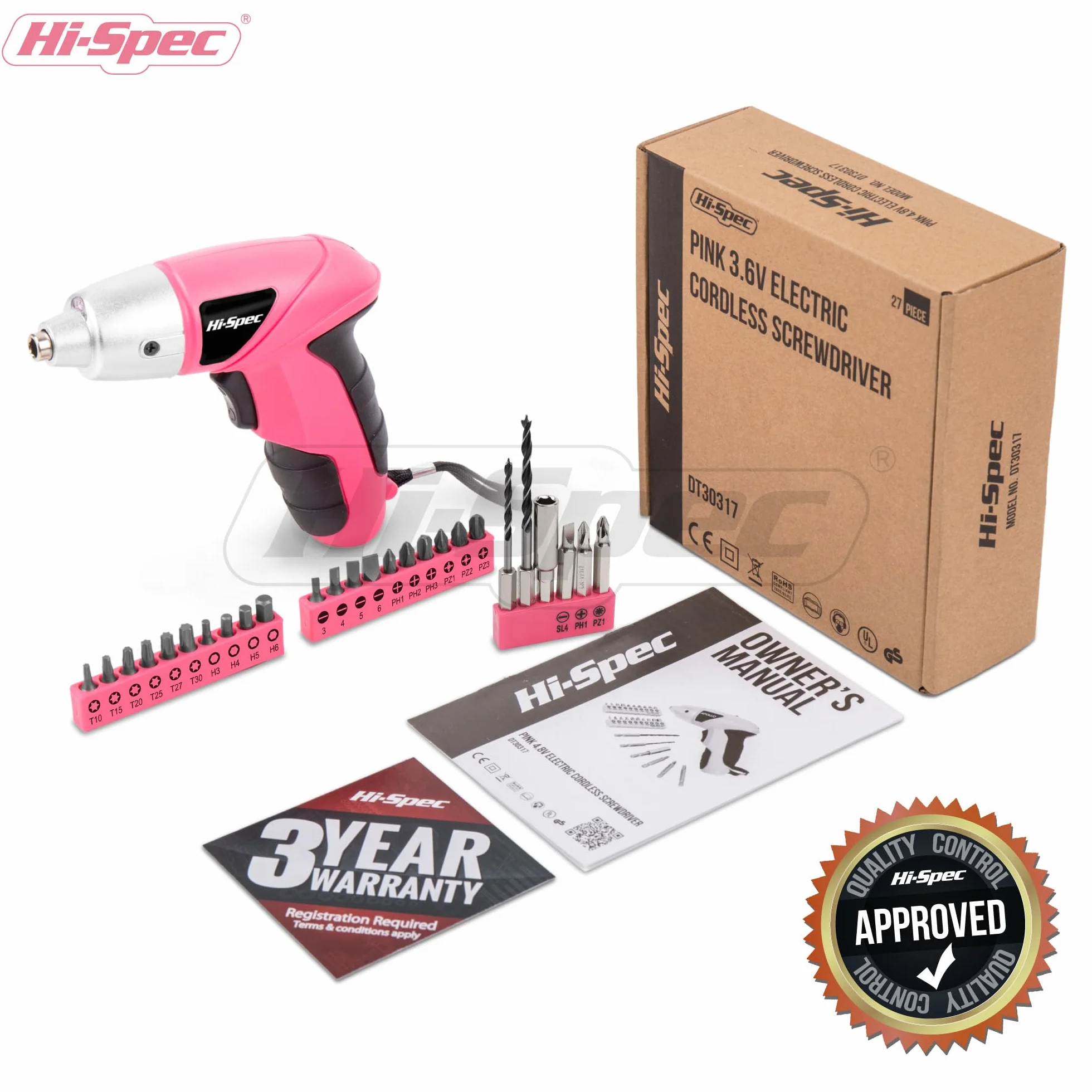 Hi-Spec Akkuschrauber klein in Pink Rosa mit wiederaufladbarem 3.6-V-Akku und LED-Licht. Mit 26-teiligem Zubehör Schraubendreher Bit Set – Mini Akkuschrauber für Frauen