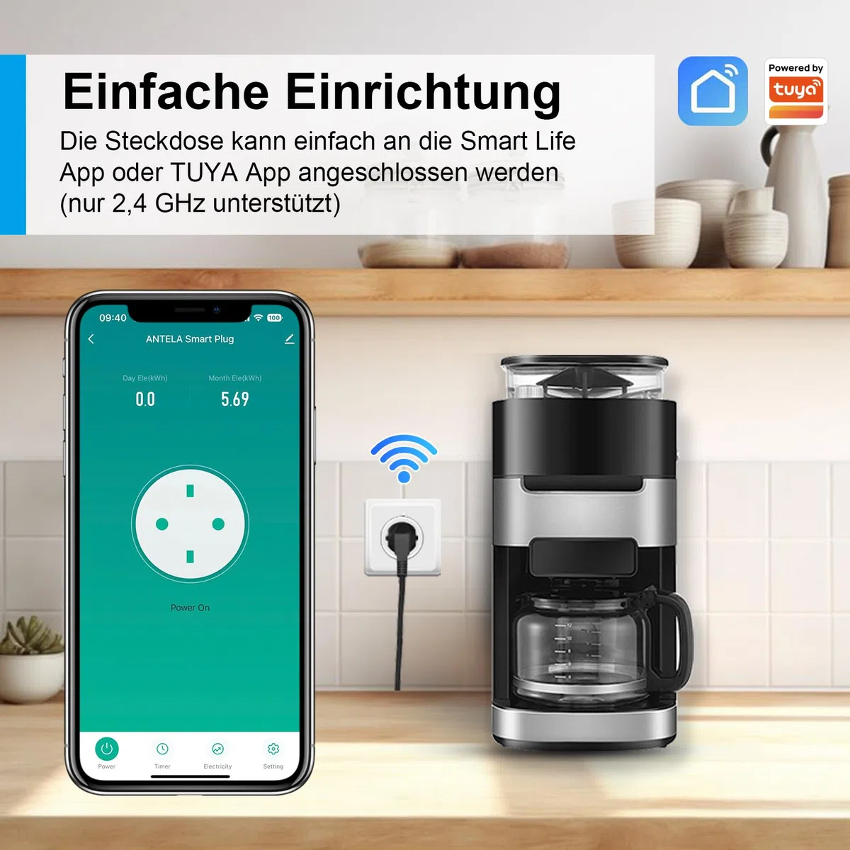 ANTELA WLAN Smart Steckdose mit Strommessung 16A, Smart Home Steckdose kompatibel mit Alexa/Google Home, Stromverbrauch Messen, Sprachsteuerung, APP Fernsteuerung, 2,4GHz, 4 PCs