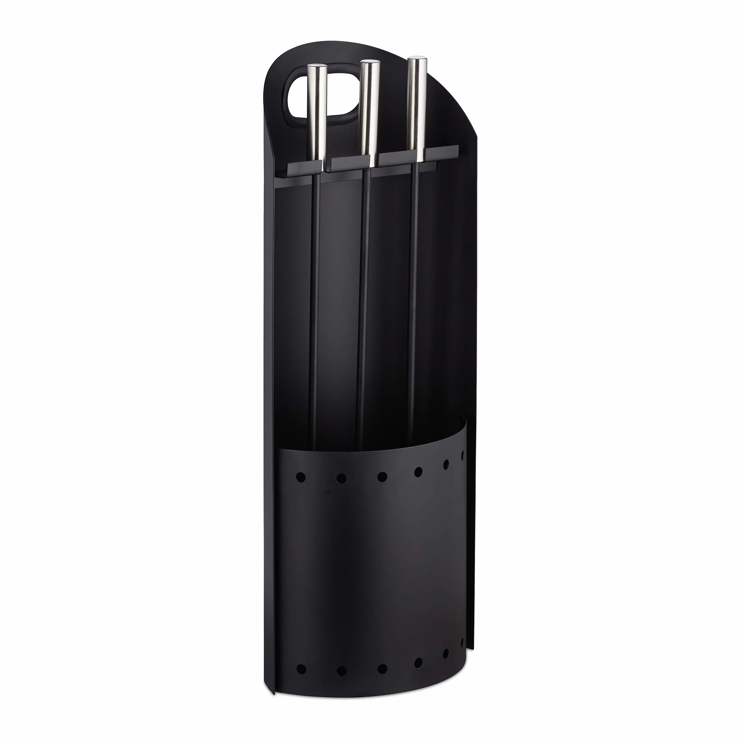 Relaxdays, schwarz Kaminbesteck modern, 4 teilige Kamingarnitur, mit Schaufel, Besen, Schürhaken und Halter, Ofenbesteck, 59 x 23,5 x 16 cm
