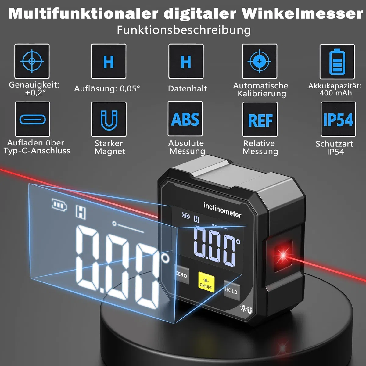 Digitaler Winkelmesser Laser Wasserwaage, Wiederaufladbar mit LED Großdisplay, Vierseitigem Starkem Magnet, Neigungsmesser für Holzarbeiten, Bau und Dekoration
