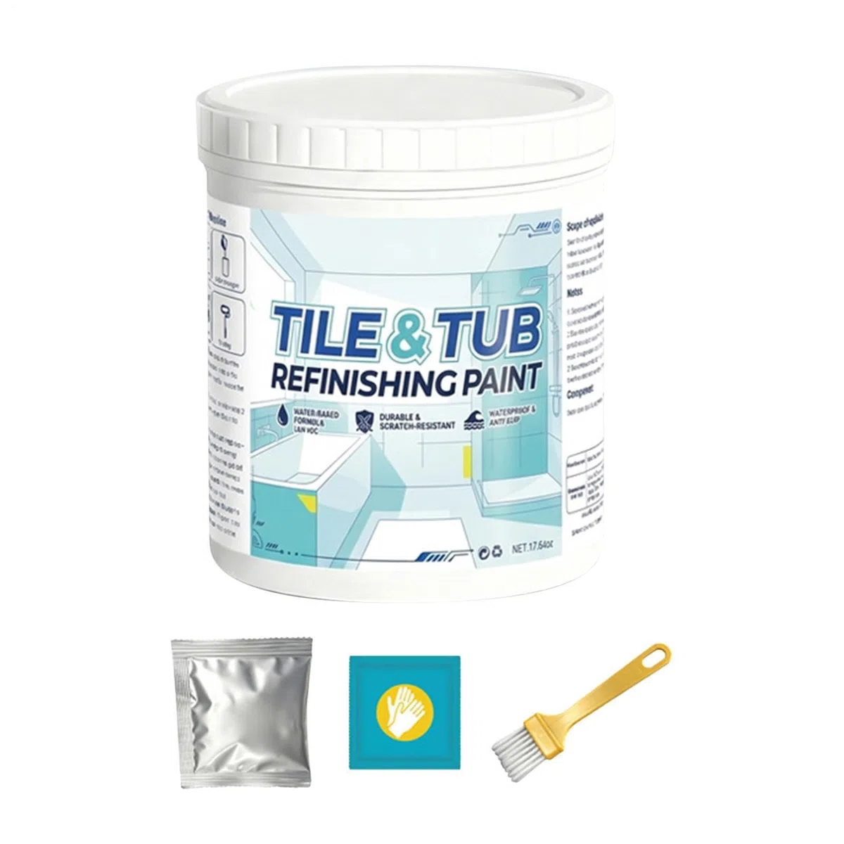 Generisch Tub and Tile Refinishing Kit - Water 500g Semi Gloss White | Low odor bathtub ánd sink coating with easy application tools | Ţile paint for bathroom kitchen countertop apartment hotel use