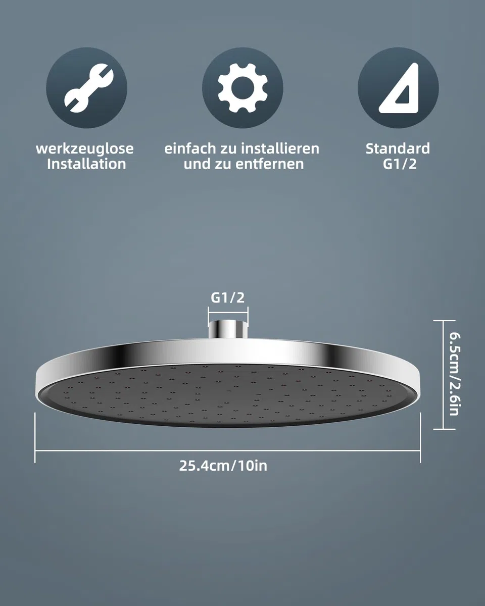 Hibbent Selbstreinigende Regendusche Duschkopf, Fester Duschkopf Regendusche 10 Zoll, Runder Regenduschkopf mit Reinigungsvorrichtung, Chrom