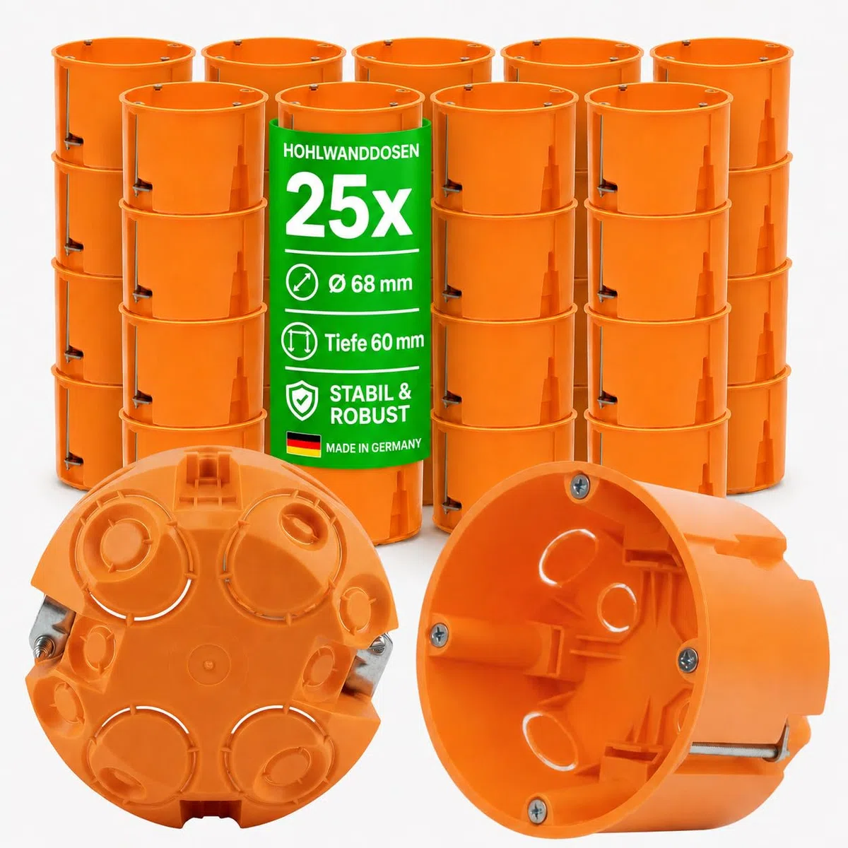 Unterputzdose Hohlwanddose 68mm – Hohlraumdose Ø 68 mm – 60 mm tief – für Trockenbau & Gipskarton – Unterputzdosen für Schalter & Steckdosen – orange – 25 Stück