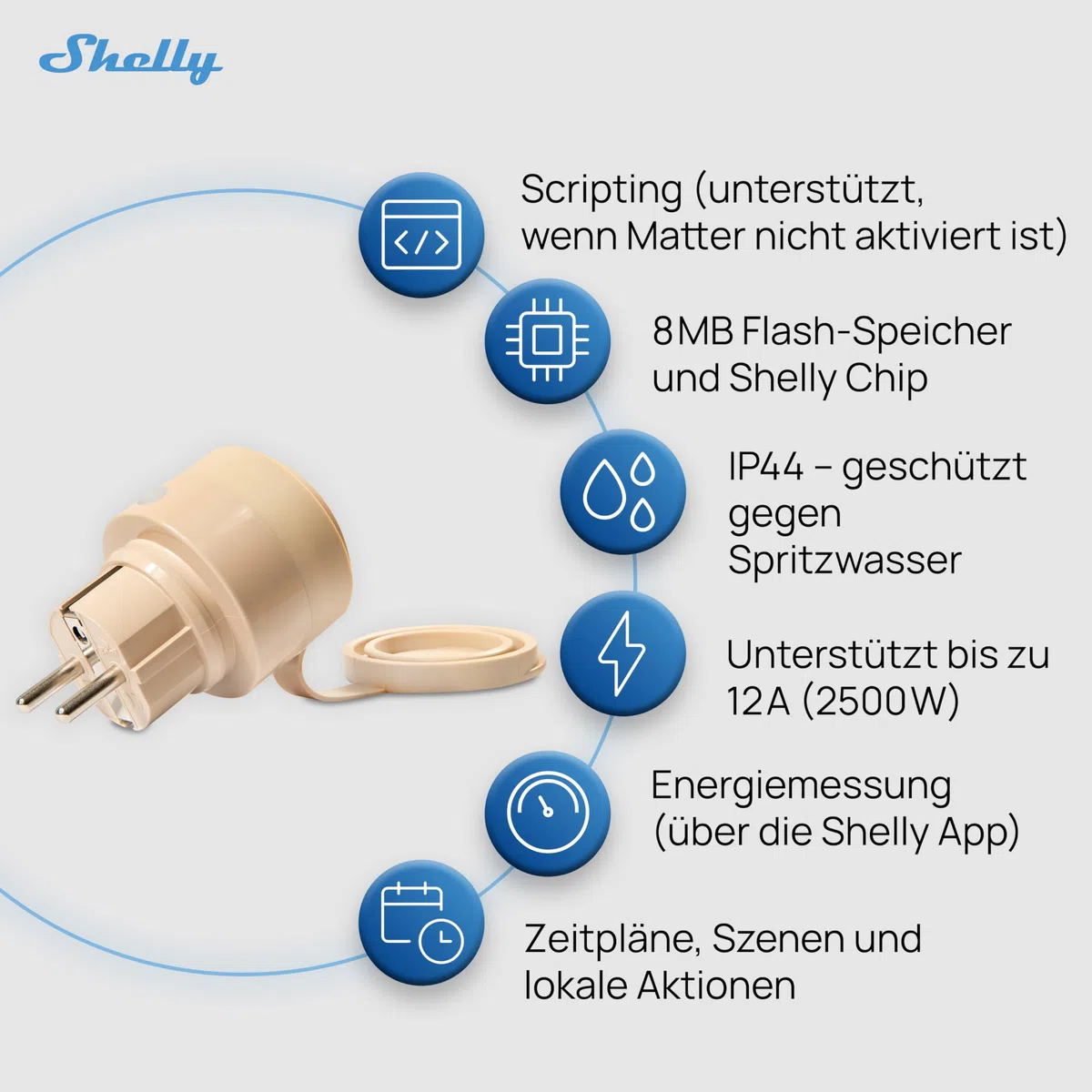 Shelly Outdoor Plug S Gen3, WLAN Smarte Steckdose für den Außenbereich, IP44, Matter-Zertifiziert, 12A, 2500W, Außenbeleuchtung, Leistungsmessung, Außenautomatisierung, Alexa, Google, Apple Homekit