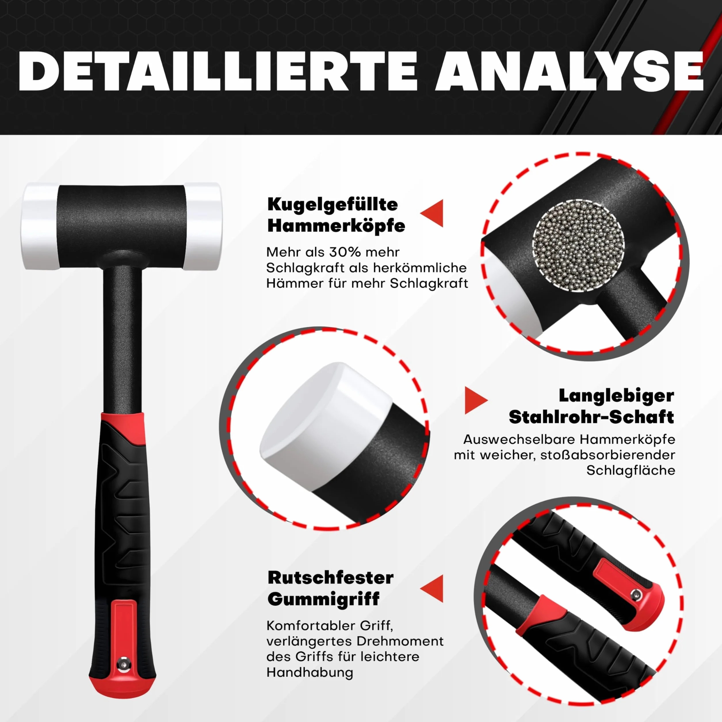 C&T Rückschlagfreier Schonhammer, Schutz Hammer, Ø50mm, Stahlrohrstiel, Austauschbare Polyamid-Köpfe für Wartungs- und Montagezwecke