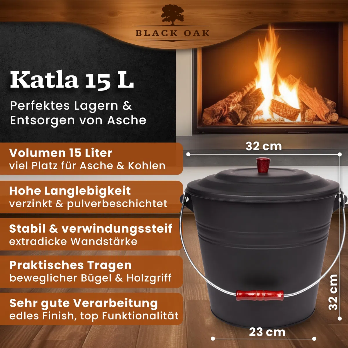 BLACK OAK Ascheeimer KATLA 15L – schwarz Deckel mit Holzknopf - groß 15 Liter - Stahl feuerfest verzinkt & pulverbeschichtet Asche & Kohle Eimer ideales Zubehör für Kamin Kachelofen Holzofen