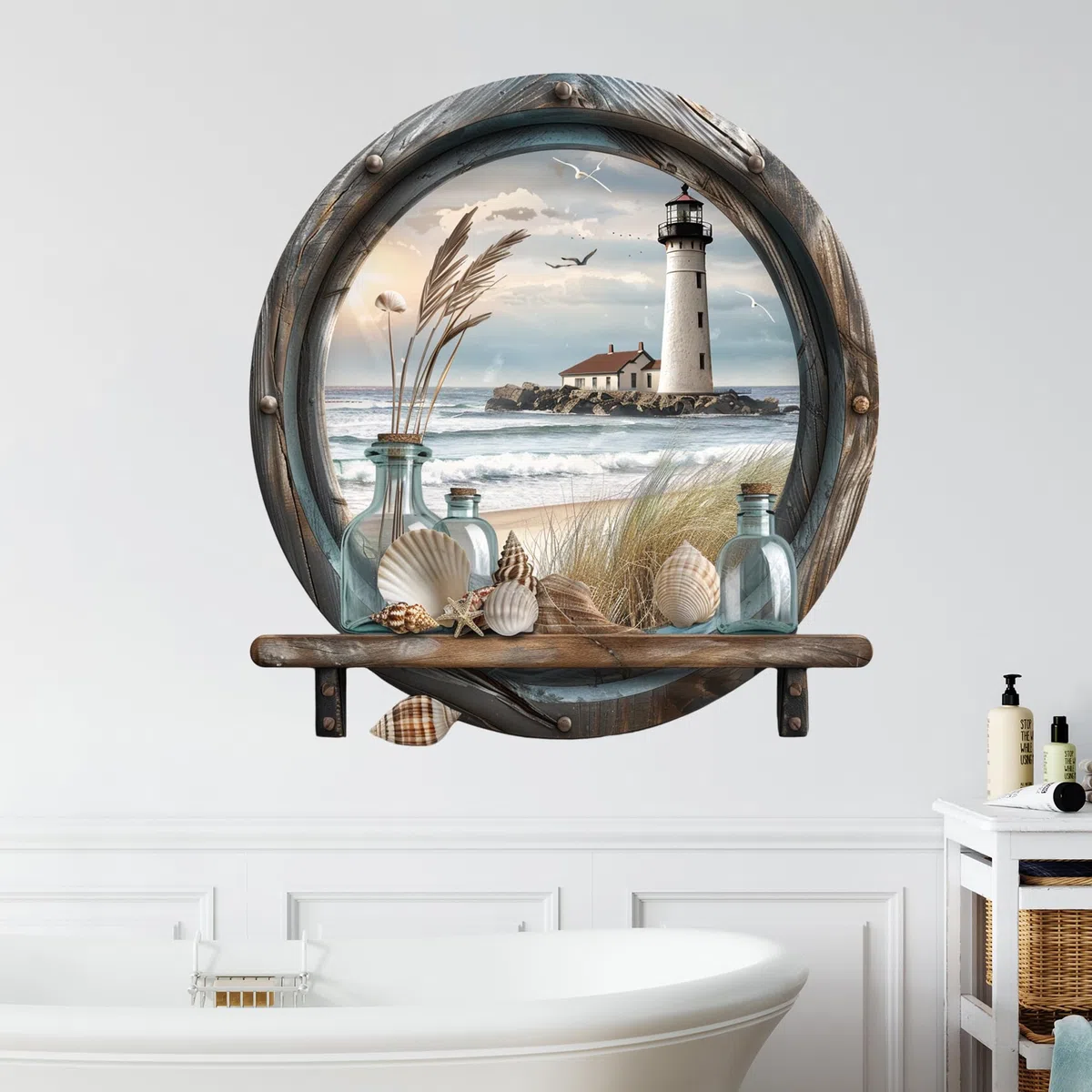 GRAZDesign Wandtattoo maritim Bad Fenster Ozean, Wandaufkleber Badezimmer Flur Schlafzimmer, Folie selbstklebend - 61x57cm / mehrfarbig