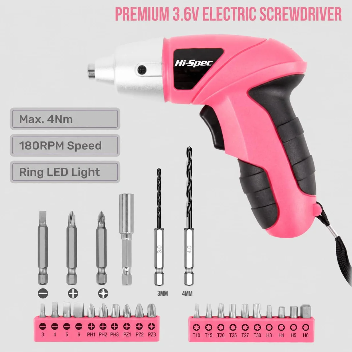 Hi-Spec Akkuschrauber klein in Pink Rosa mit wiederaufladbarem 3.6-V-Akku und LED-Licht. Mit 26-teiligem Zubehör Schraubendreher Bit Set – Mini Akkuschrauber für Frauen