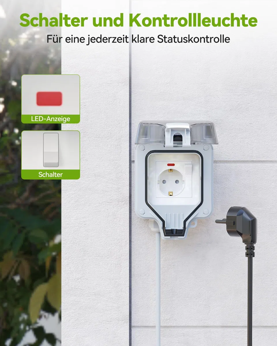 Außensteckdose Wasserdicht IP66 Outdoor Steckdose mit Verlängerungskabel 5M, Schalter mit Kontrollleuchte, Abschließbarer Klappdeckel, Aufputz-Wandmontage für Garten & Außenbereich, Grau, 16A