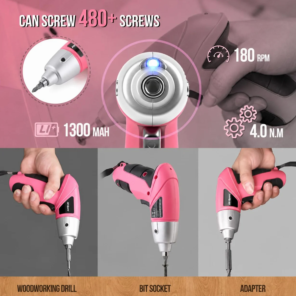 Hi-Spec Akkuschrauber klein in Pink Rosa mit wiederaufladbarem 3.6-V-Akku und LED-Licht. Mit 26-teiligem Zubehör Schraubendreher Bit Set – Mini Akkuschrauber für Frauen