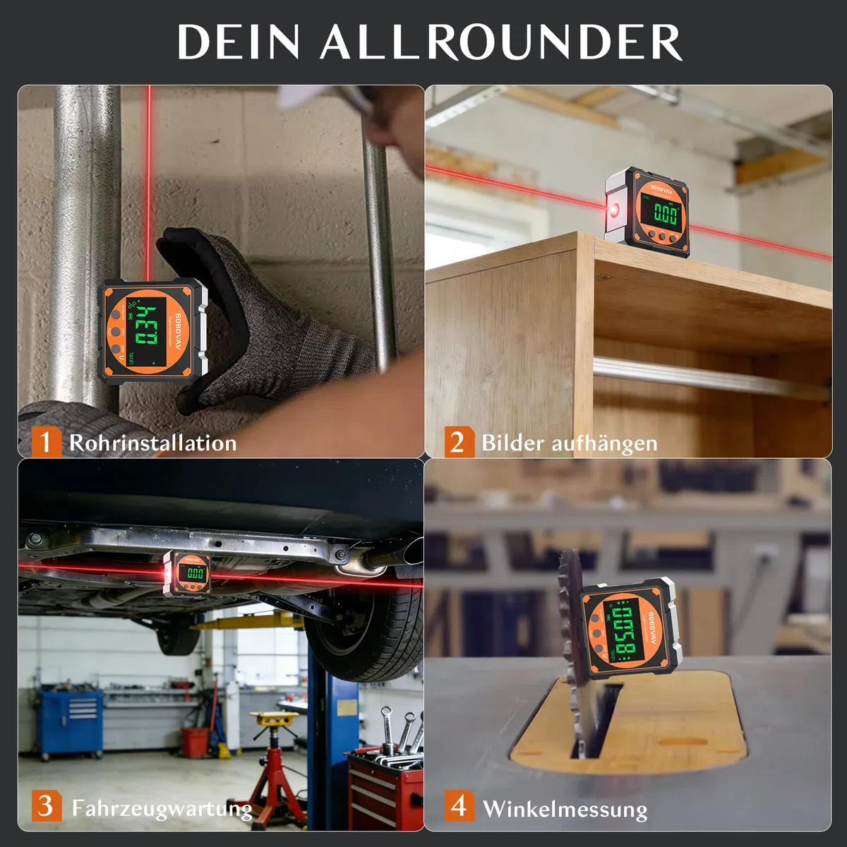 Digitaler Winkelmesser Laser, Wasserwaage Neigungsmesser mit 4-seitigem Magnet, LCD Display, Typ-C-Aufladen Winkelmessgerät Laser Level Box für Rohr- Holzarbeitung Hängerahmen Sägen Auto