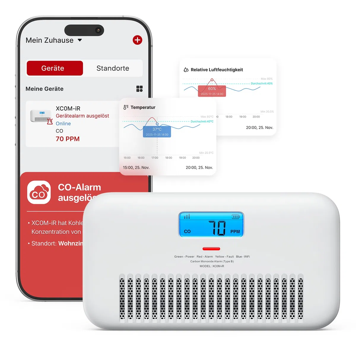 X-Sense WLAN-Kohlenmonoxid Melder mit Sprachalarm, Temperatur- & Feuchtigkeitsanzeige, CO Melder mit austauschbarer Batterie, digitalem Display und CO-Spitzenwert-Verlauf, XC0M-iR, 1 Stück