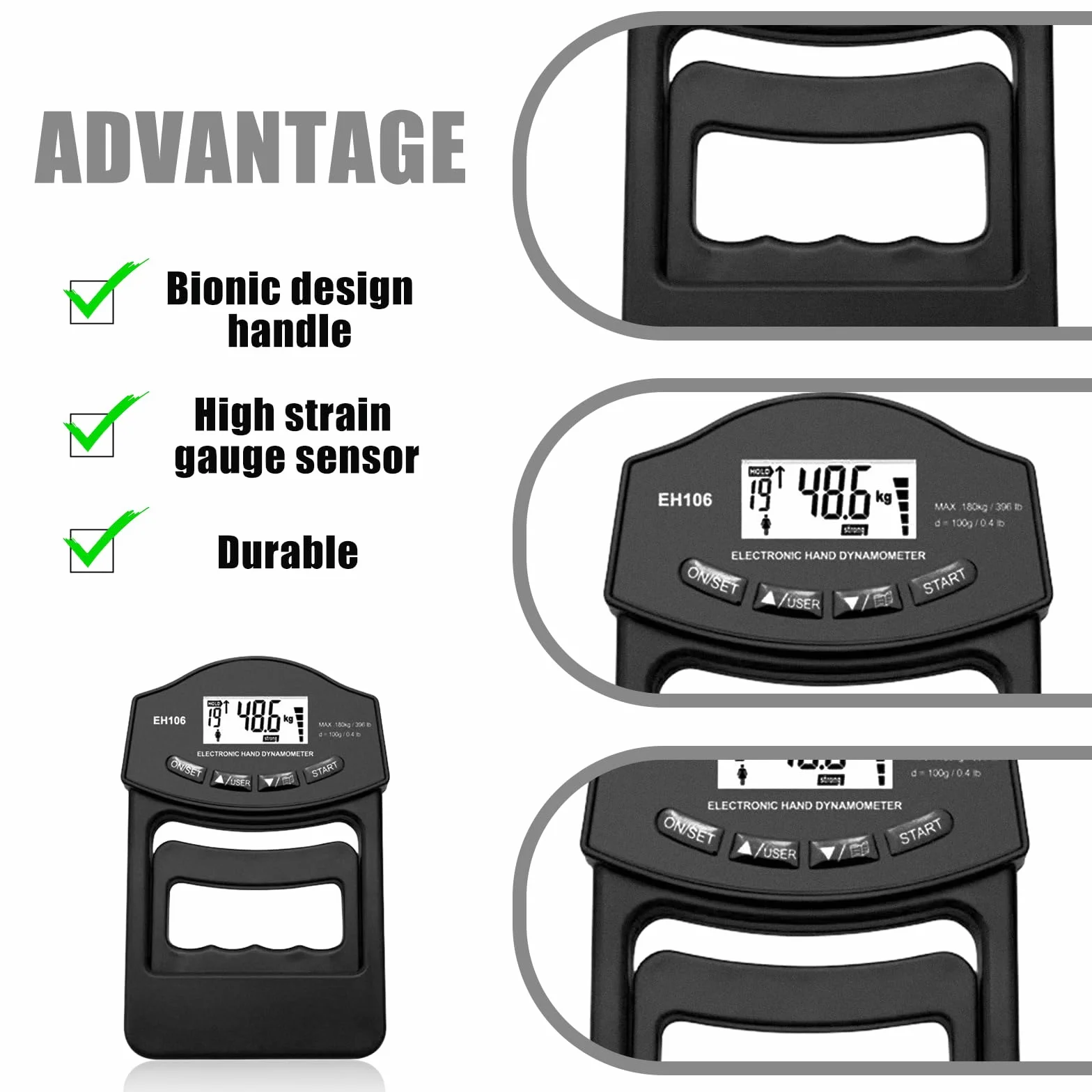 Digitaler Handkraftmessgerät, 396lb/180kg Griffkraft Messgerät Handkraftmessgerät, Einfühlsam Grip Strength Tester, Elektronische Griffkraft Messgerät Großer LED-Bildschirm Mit USB-Ladekabel(Schwarz)