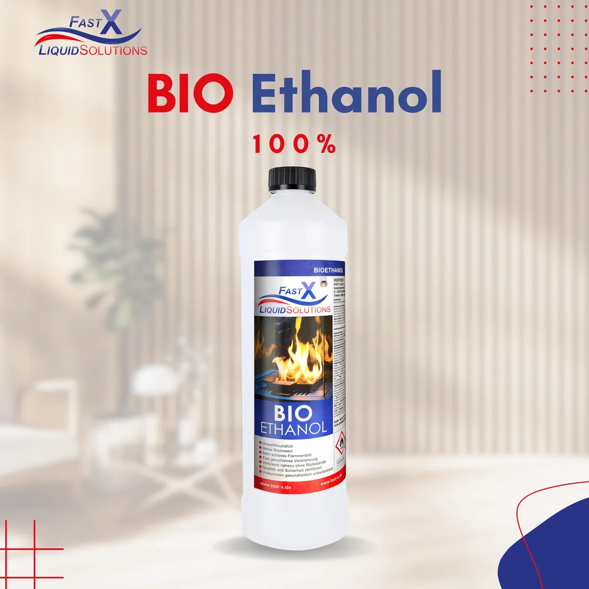 Fast X Bio Ethanol 6x1L - 100% Natürlich, für Ethanolkamine & Alkoholbrenner. Umweltfreundlich & geruchsfrei, sicher für Raum- & Gartenfeuer mit rückstandsloser Verbrennung