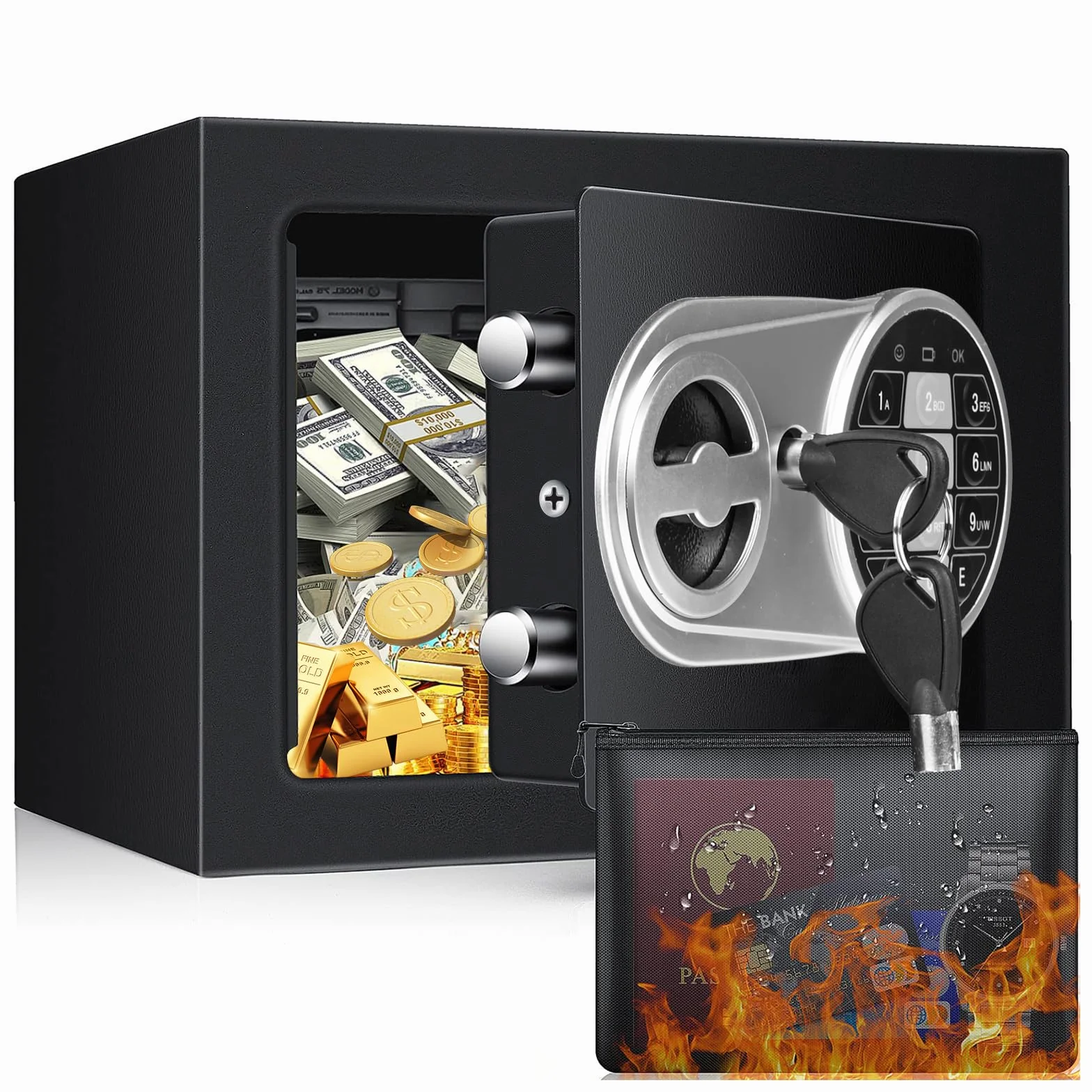 Safe Tresor Klein Möbeltresor mit Zahlenschloss, Vankarr Elektronisch Wandtresor Haussafe Hotelsafes mit Schlüssel, Elektronischer Safe, Zuhause, Geschäft, Büro, Hotel, Geld, 23 * 17 * 17cm